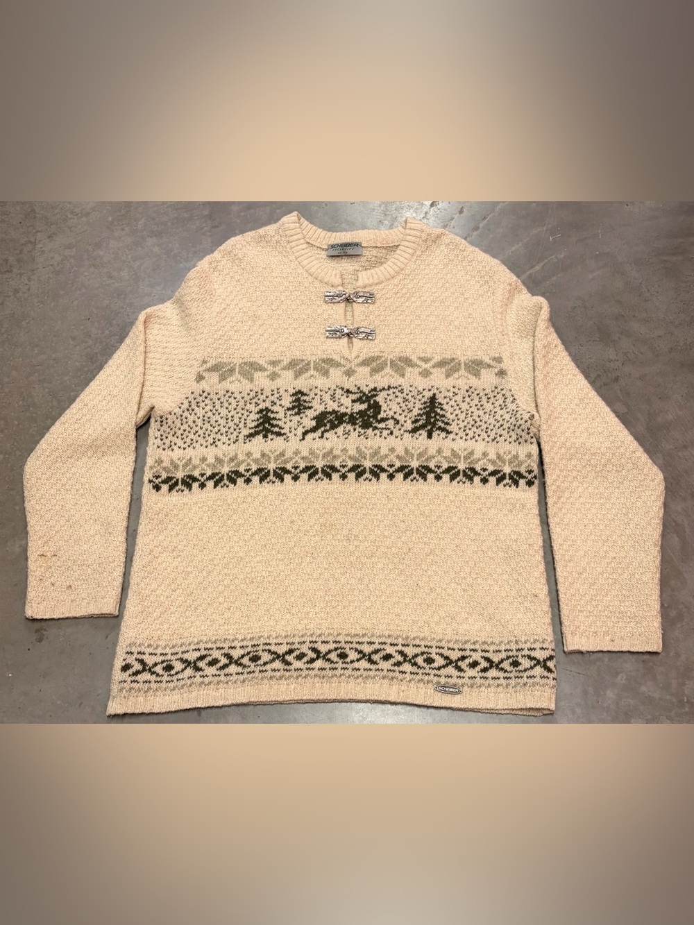 Schneider Cream and Olive Fair Isle Moose Crewneck Sweater